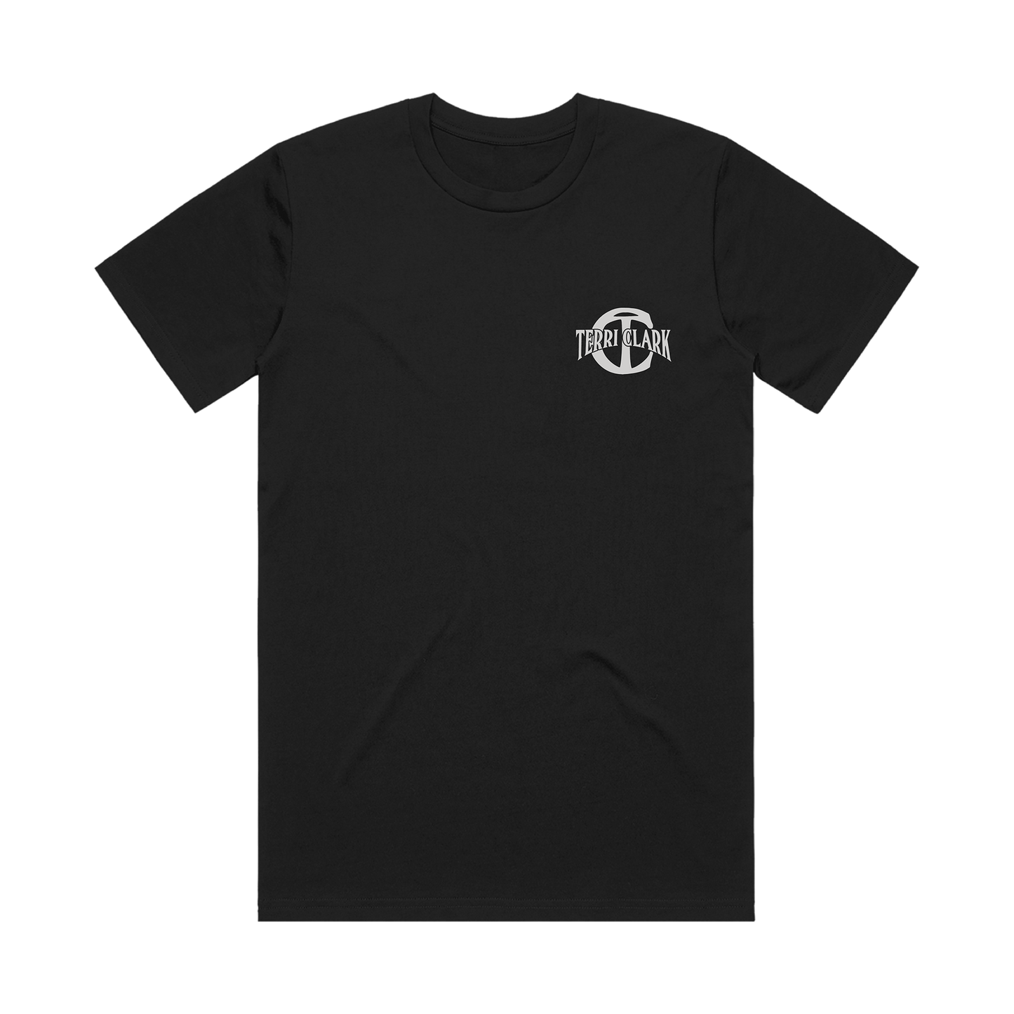 Black t-shirt with a Terri Clark logo on the chest against a white background