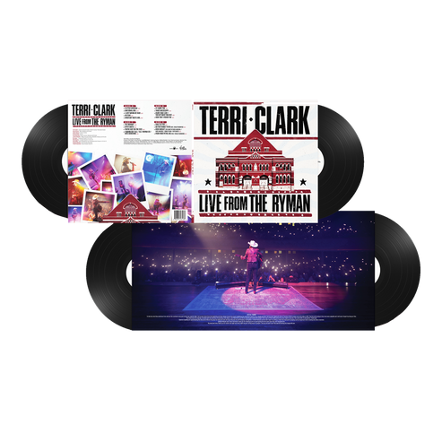 Terri Clark 'Live from the Ryman' vinyl record package with the album cover, inner sleeve, and two black records visible.