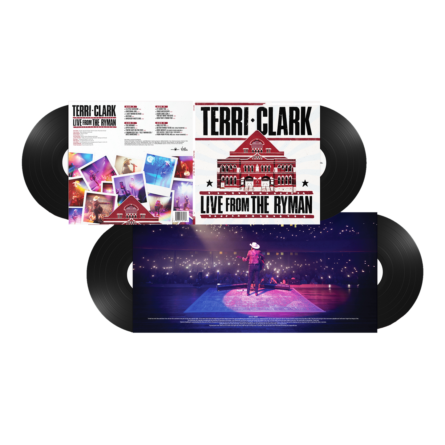 Terri Clark 'Live from the Ryman' vinyl record package with the album cover, inner sleeve, and two black records visible.