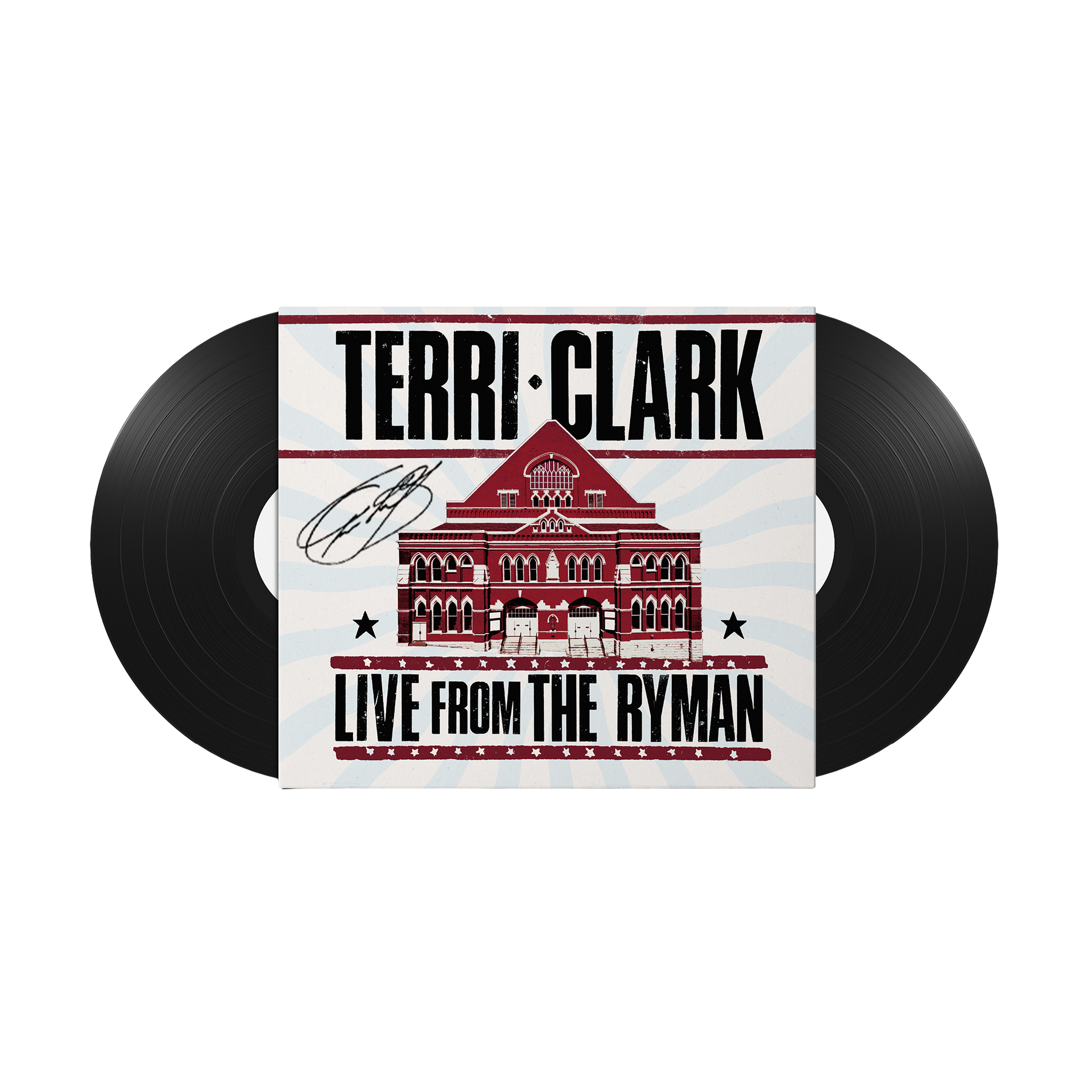 A vinyl record set featuring 2 black LPs. The cover has a white background with red and black graphics of the Ryman building and the text 'TERRI CLARK' and 'LIVE FROM THE RYMAN'