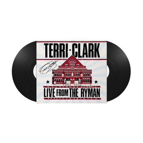 A vinyl record set featuring 2 black LPs. The cover has a white background with red and black graphics of the Ryman building and the text 'TERRI CLARK' and 'LIVE FROM THE RYMAN'
