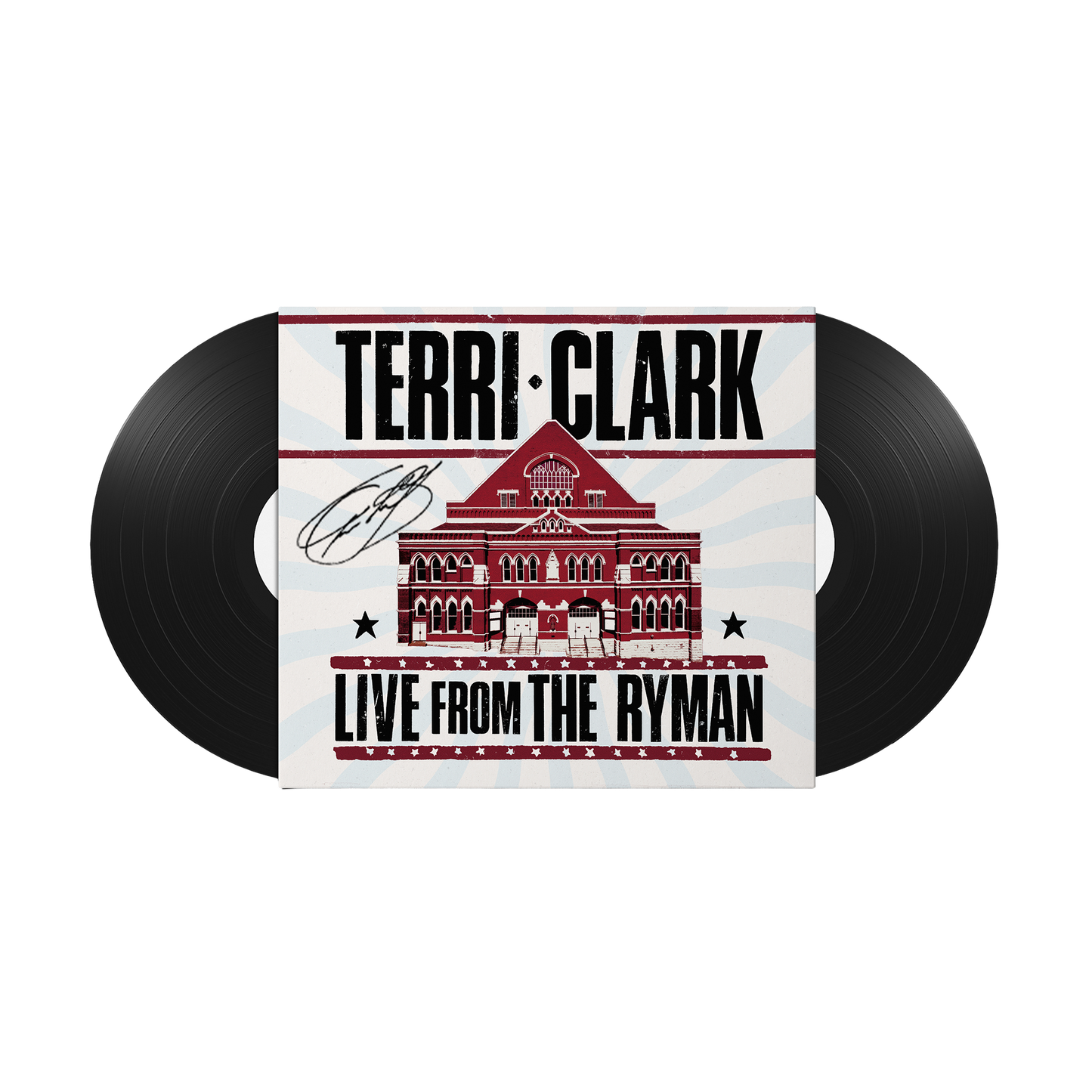 A vinyl record set featuring 2 black LPs. The cover has a white background with red and black graphics of the Ryman building and the text 'TERRI CLARK' and 'LIVE FROM THE RYMAN'