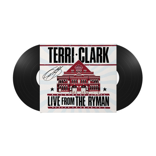 A vinyl record set featuring 2 black LPs. The cover has a white background with red and black graphics of the Ryman building and the text 'TERRI CLARK' and 'LIVE FROM THE RYMAN'