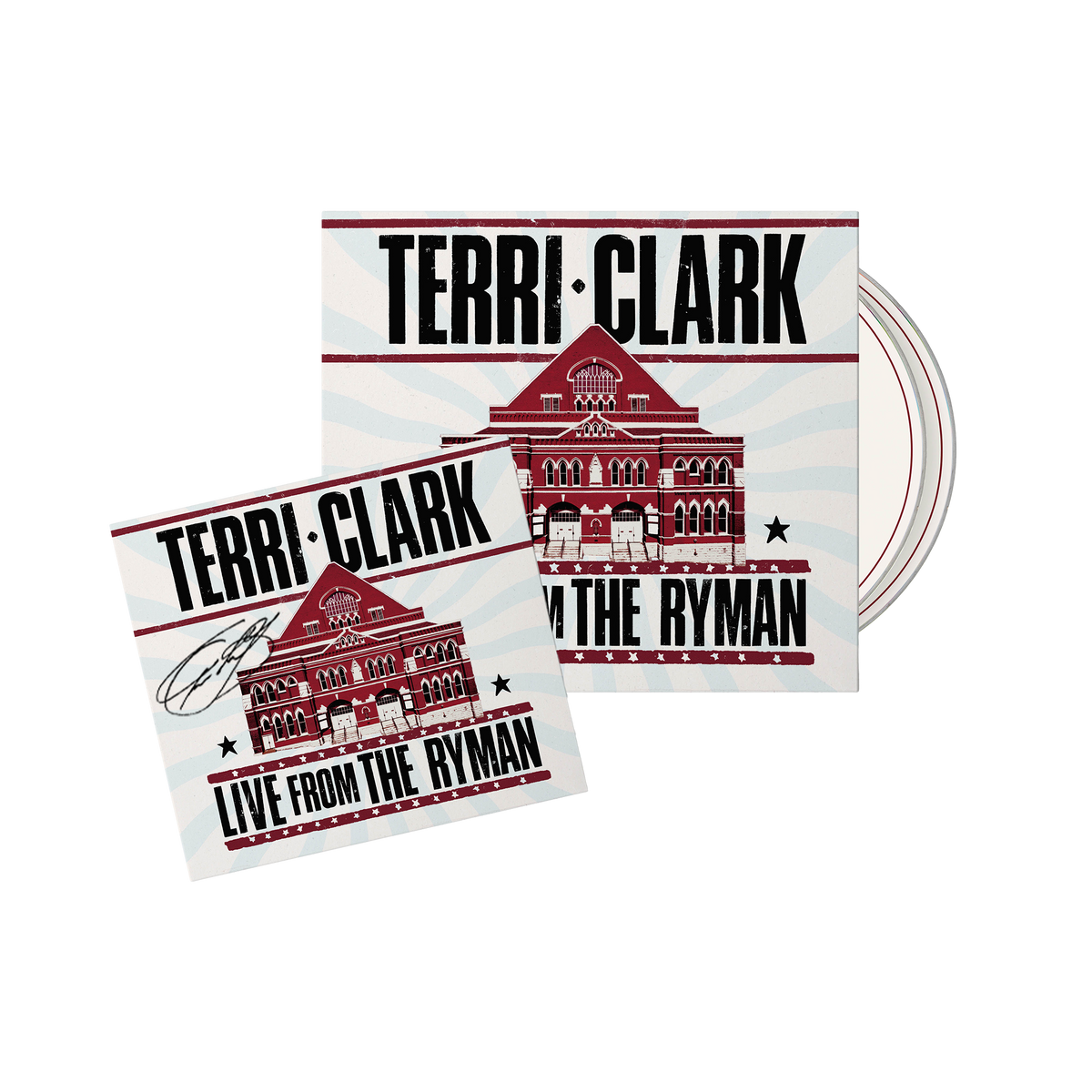 Terri Clark 'Live From The Ryman' CD package, showing the album cover, a smaller insert card with Terri's signature