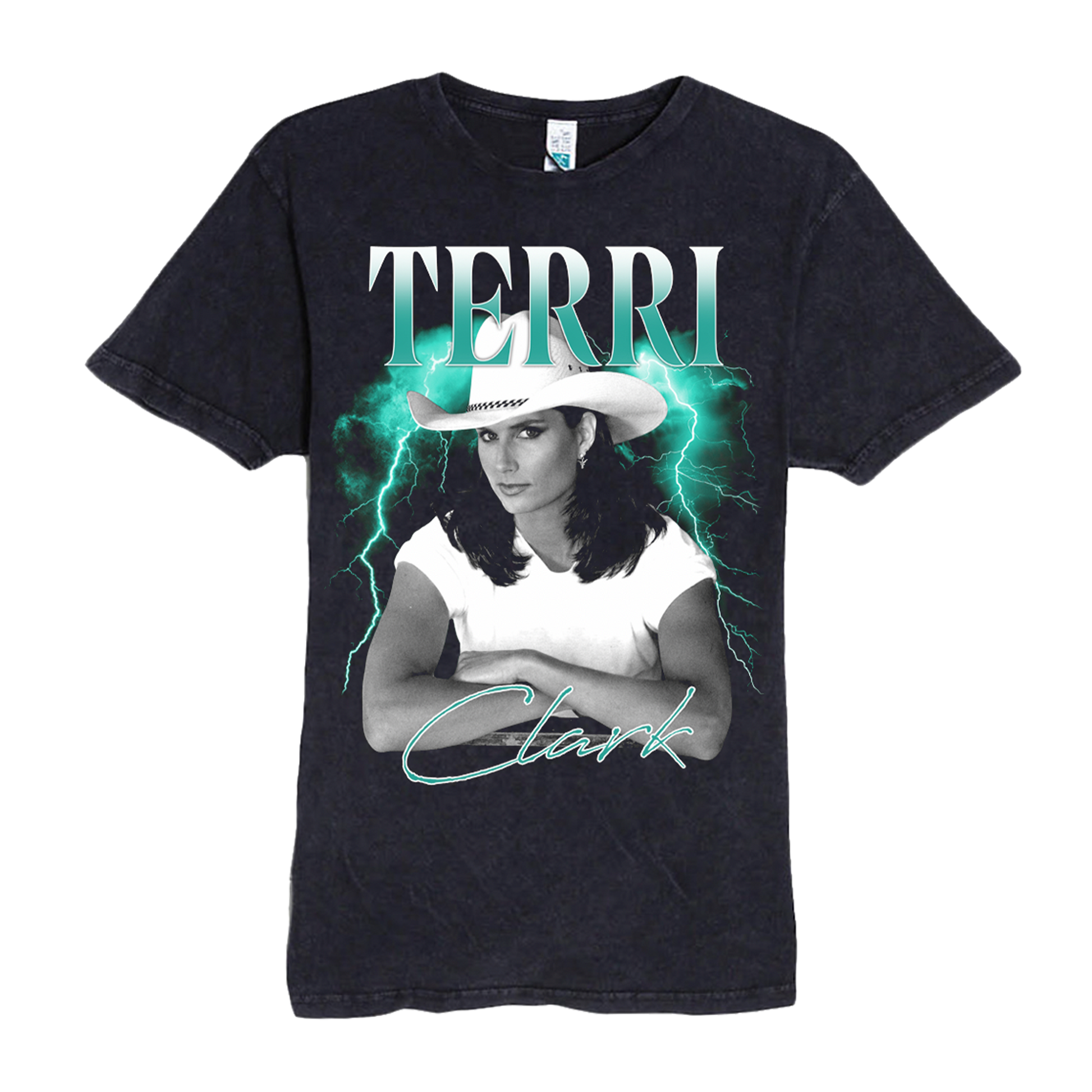 A black short-sleeve graphic t-shirt featuring a portrait of Terri Clark with lightning effects and the text 'TERRI Clark' printed on the front, displayed against a solid white background.
