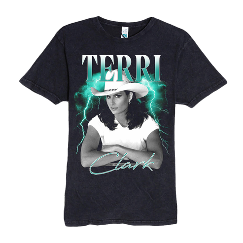 A black short-sleeve graphic t-shirt featuring a portrait of Terri Clark with lightning effects and the text 'TERRI Clark' printed on the front, displayed against a solid white background.