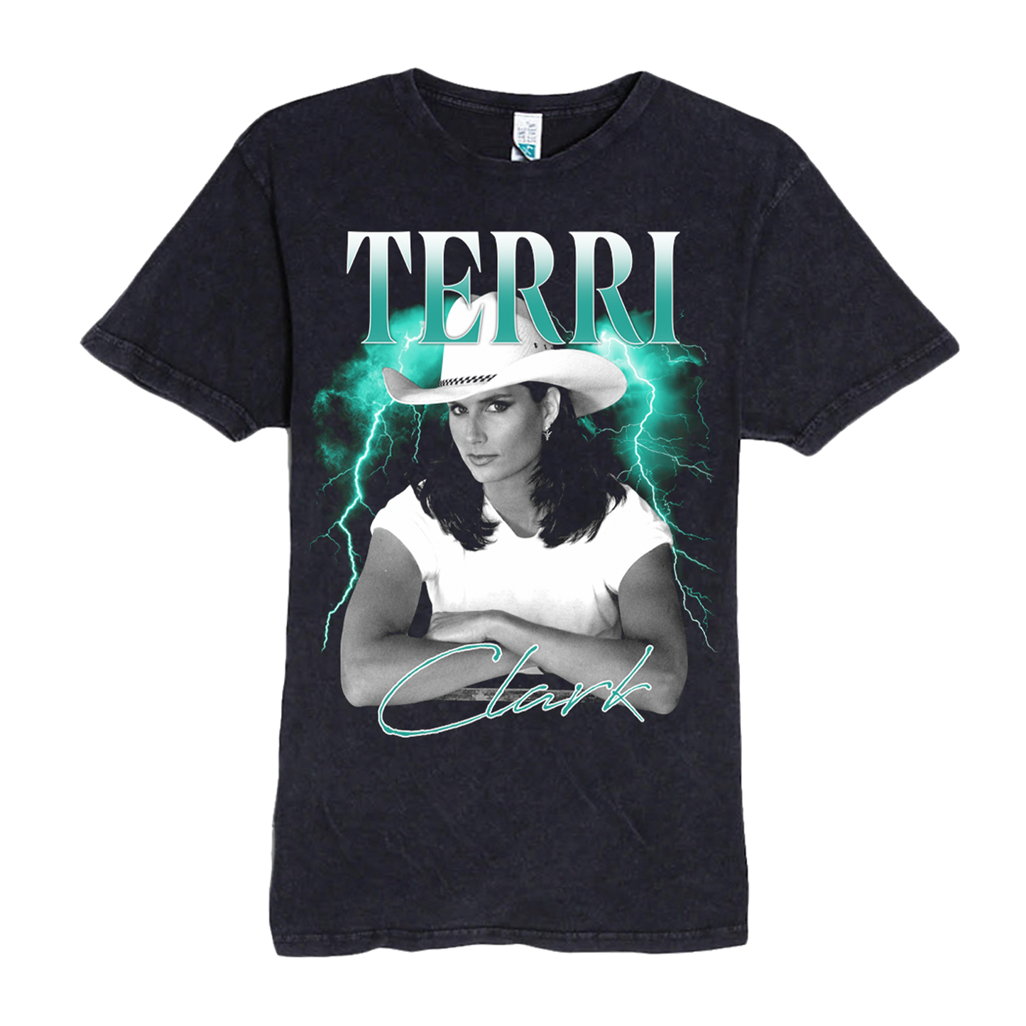 A black short-sleeve graphic t-shirt featuring a portrait of Terri Clark with lightning effects and the text 'TERRI Clark' printed on the front, displayed against a solid white background.