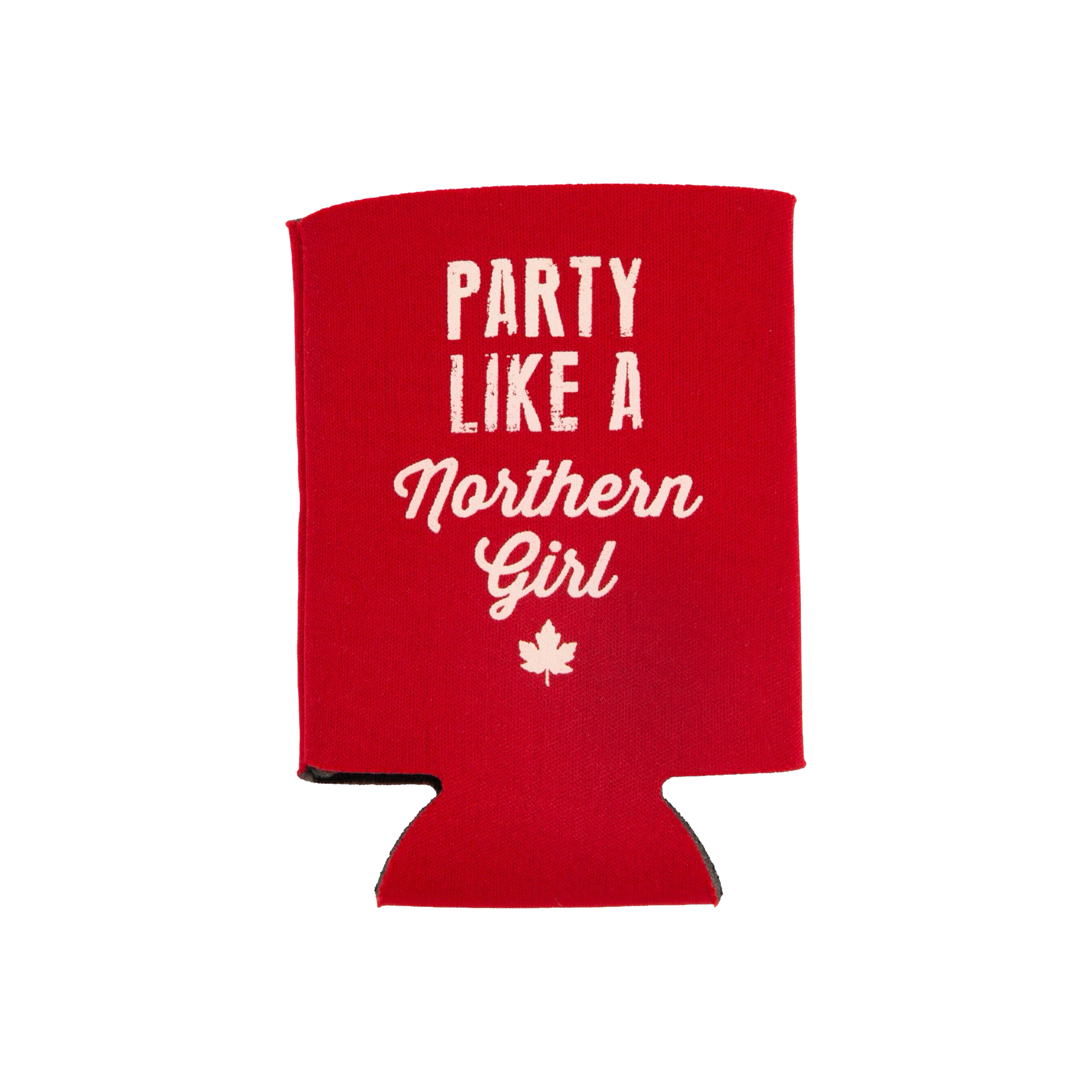 A red koozie with white text reading 'PARTY LIKE A Northern Girl' and a small maple leaf graphic, shown on a plain white background.