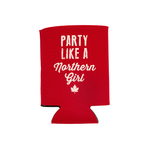 A red koozie with white text reading 'PARTY LIKE A Northern Girl' and a small maple leaf graphic, shown on a plain white background.