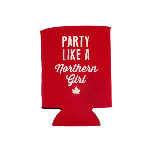 A red koozie with white text reading 'PARTY LIKE A Northern Girl' and a small maple leaf graphic, shown on a plain white background.