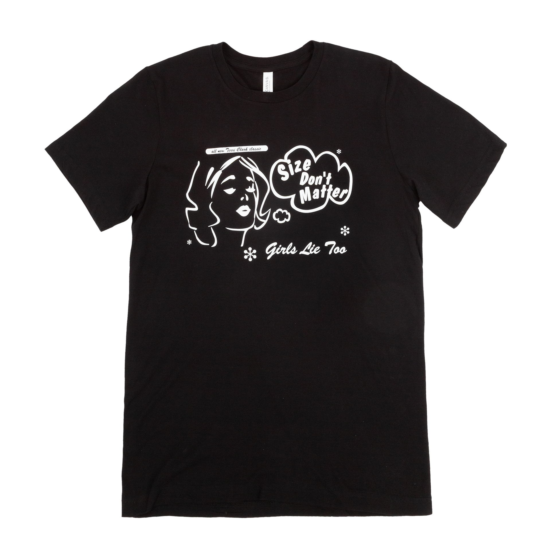 Black Crew Tee with a sketched graphic of a women with a speak bubble that reads "Size Don't Matter" and "Girls Lie Too"