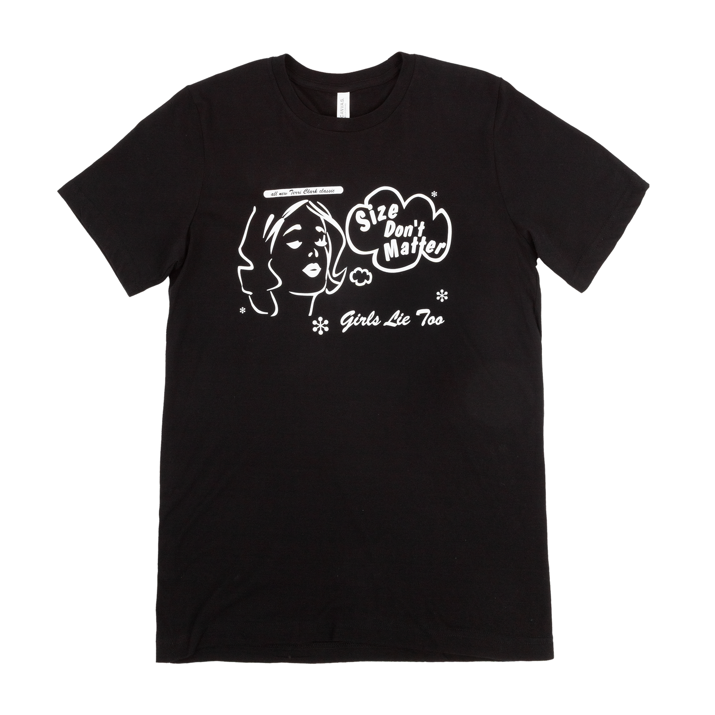 Black Crew Tee with a sketched graphic of a women with a speak bubble that reads "Size Don't Matter" and "Girls Lie Too"