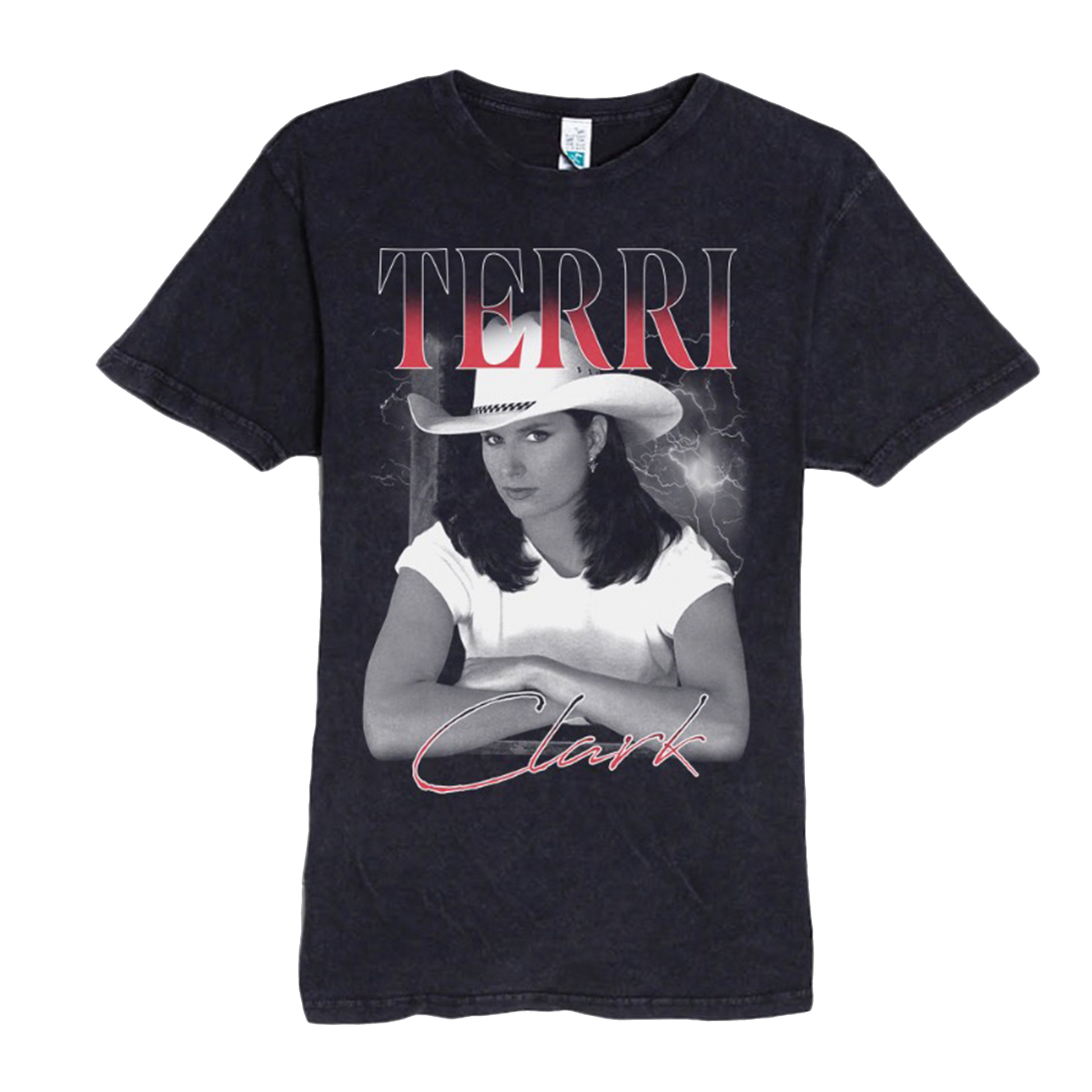 A dark acid-wash graphic t-shirt featuring a portrait of Terri Clark with the text 'TERRI' in red gradient and 'Clark' in cursive red script.