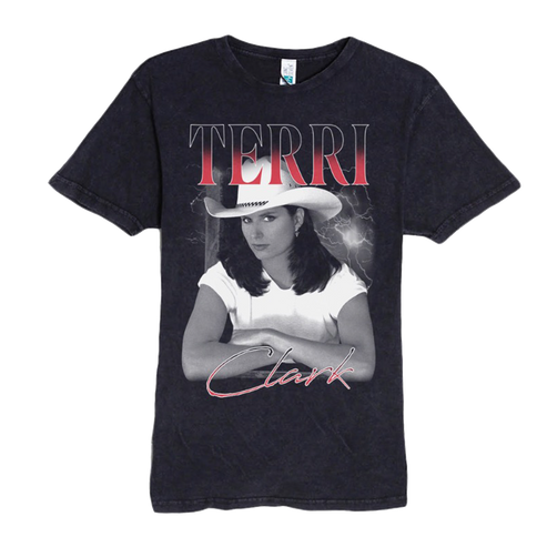 A dark acid-wash graphic t-shirt featuring a portrait of Terri Clark with the text 'TERRI' in red gradient and 'Clark' in cursive red script.