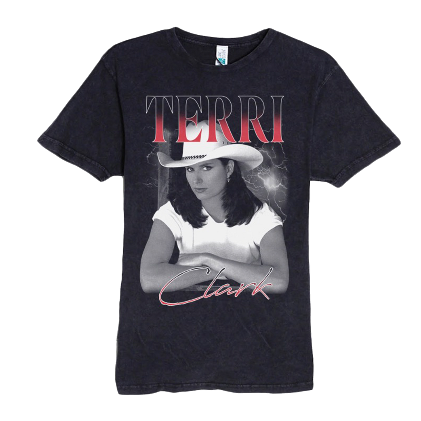 A dark acid-wash graphic t-shirt featuring a portrait of Terri Clark with the text 'TERRI' in red gradient and 'Clark' in cursive red script.