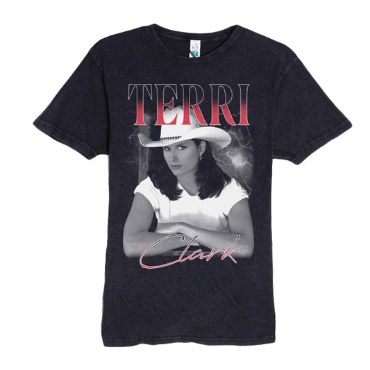A dark acid-wash graphic t-shirt featuring a portrait of Terri Clark with the text 'TERRI' in red gradient and 'Clark' in cursive red script.