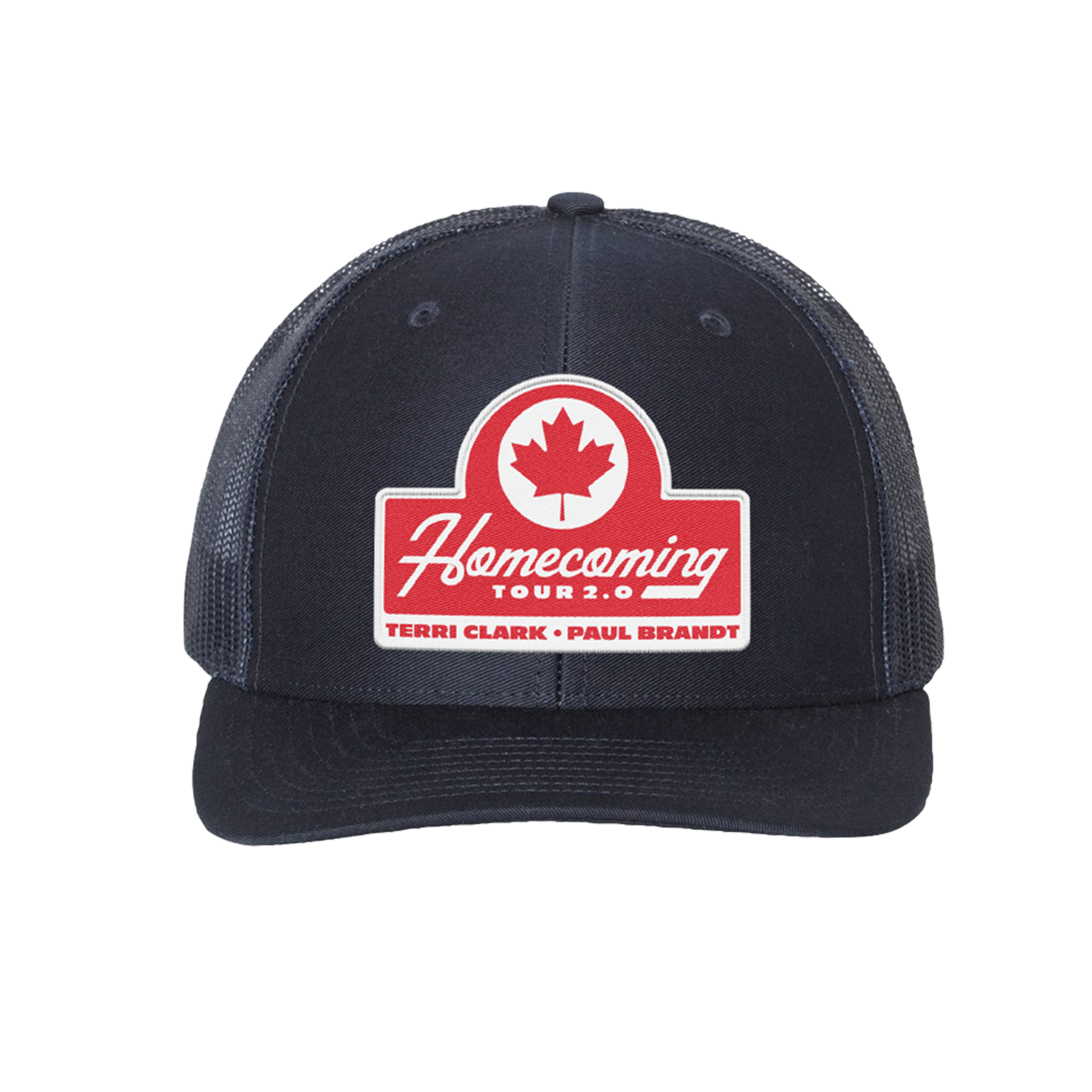 A navy trucker-style baseball cap with a red and white 'Homecoming Tour 2.0' patch on the front, featuring a red maple leaf logo. The cap has navy mesh side panels and a navy curved brim, shown against a plain white background.