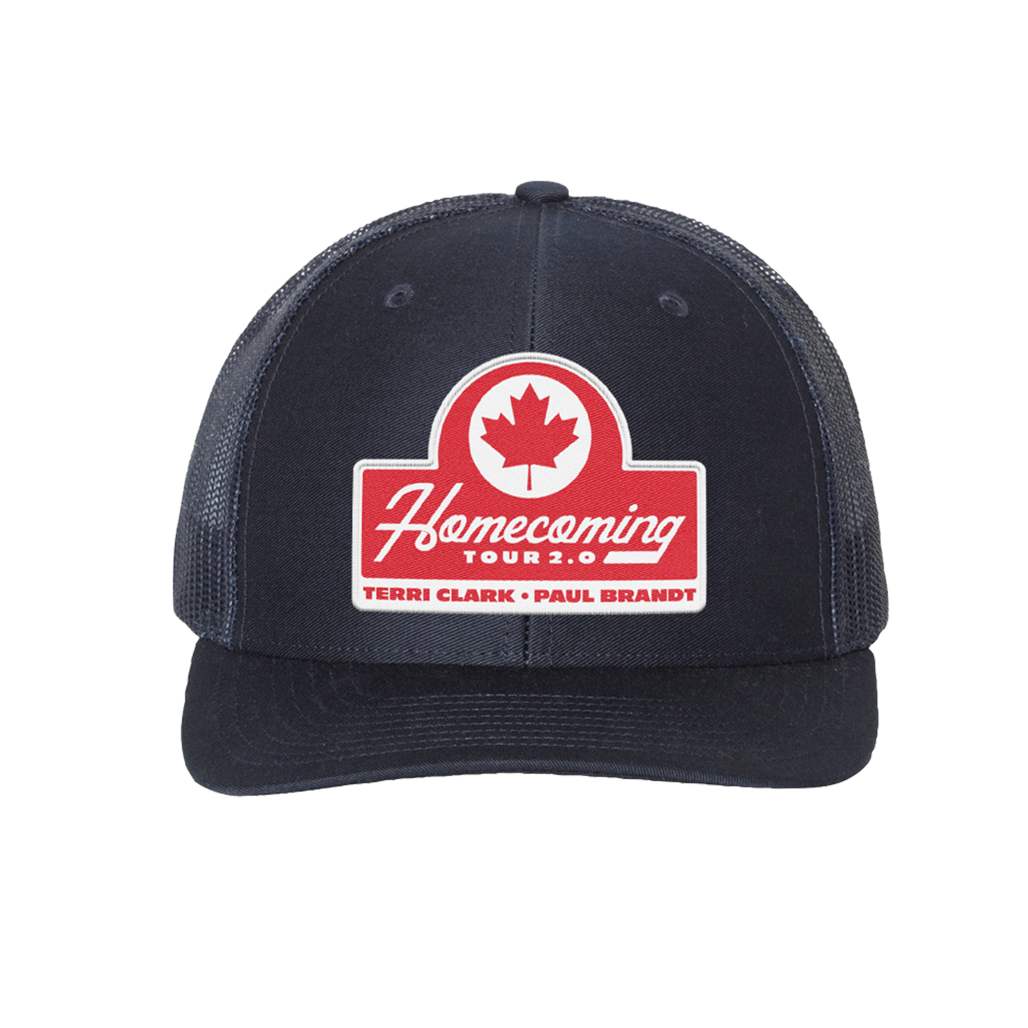 A navy trucker-style baseball cap with a red and white 'Homecoming Tour 2.0' patch on the front, featuring a red maple leaf logo. The cap has navy mesh side panels and a navy curved brim, shown against a plain white background.