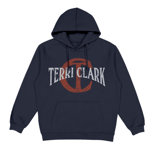 Navy blue hoodie with 'TERRI CLARK' text in white and a red logo on the front, featuring a hood and a front pouch pocket.