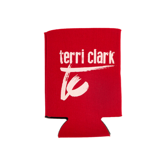 The back of red Terri Clark koozie with Terri Clark branding 