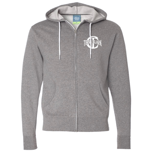 TC logo grey zip hoodie front Terri Clark 